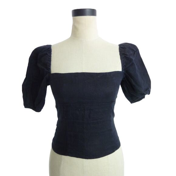 Reformation Ruffle Sleeve Top Black Linen Size 2 - Picture 1 of 7